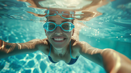 Naklejka premium A joyful swimmer smiles underwater, wearing blue goggles, creating a fun and refreshing vibe in a crystal-clear pool.