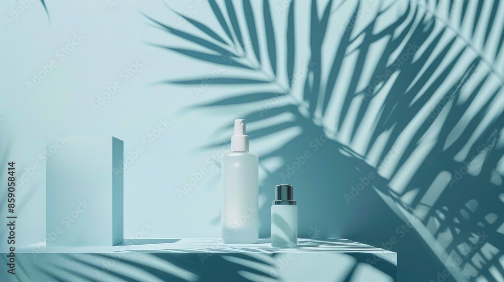 Poster simplistic backdrop for showcasing a beauty item high end stand with tropical palm leaf shadow on li
