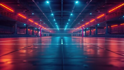 Empty professional volleyball court in lights