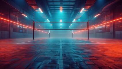 Empty professional volleyball court in lights