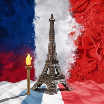 a minimalist image of Eiffel tower and torch against background of Franch flag of wave and abstract pattern, painting