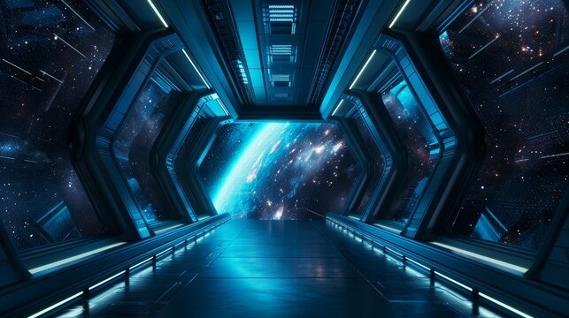 Bright interior of spaceship dark window view into deep space sleek tech design banner with copy space