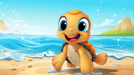 Cute Cartoon Turtle on a Beach, Generative AI