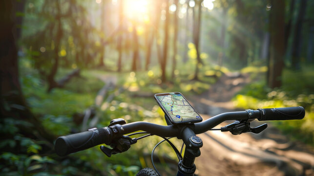 A smartphone mounted on a bike handlebar with a navigation app open, set against a sunlit forest trail.