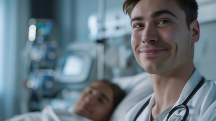 male nurse smiling in front of sick patient, nurse in white uniform and stethoscope around her neck, patient lying on bed with white blanket,