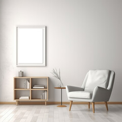 Modern Minimalist Scandanavian Interior House Design with White Chair, Bookcase and Blank Poster for Copy Space, Generative AI