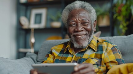 Obraz premium portrait of a happy smiling african american pensioner using a tablet or gadget while sitting on the couch at home