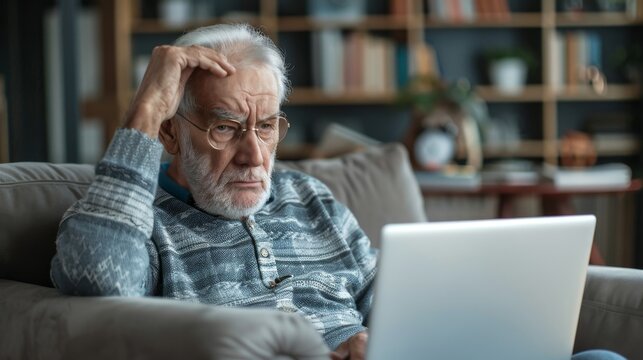 thoughtful upset elderly caucasian man 70 years old holding his head and looking at laptop screen while at home, concept of pensioners being deceived by cyber fraudsters