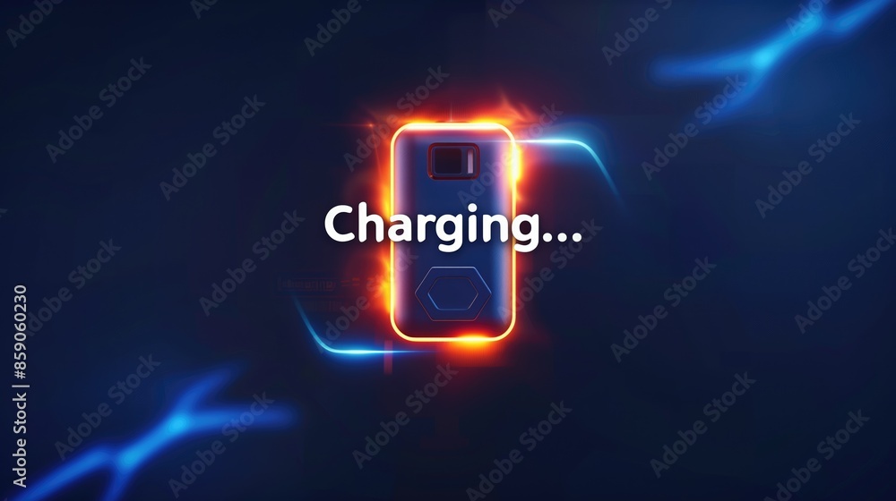 Poster charging text on powerbank on dark navy digital technology background with smartphone printed board 