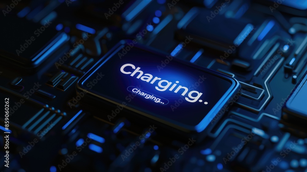Poster charging text on powerbank on dark navy digital technology background with smartphone printed board 