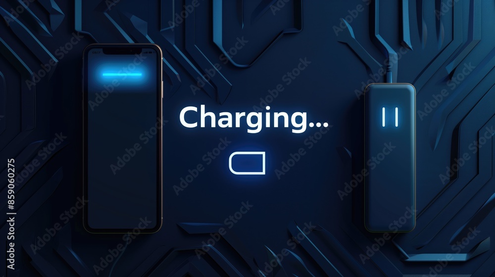 Poster charging text on powerbank on dark navy digital technology background with smartphone and neon signs