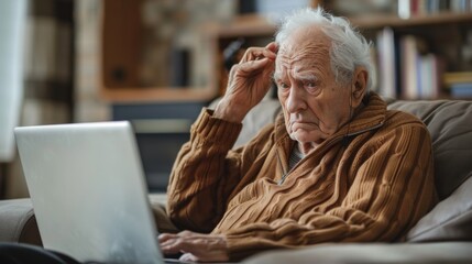 Obraz premium upset elderly man holding his head while using a laptop. concept of cyber fraud on the elderly
