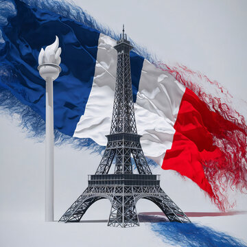 a minimalist image of Eiffel tower and torch with Franch flag of wave and abstract pattern, painting