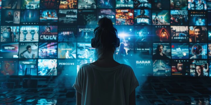 AI algorithm suggesting movies TV shows on streaming service person browsing interface banner with copy space