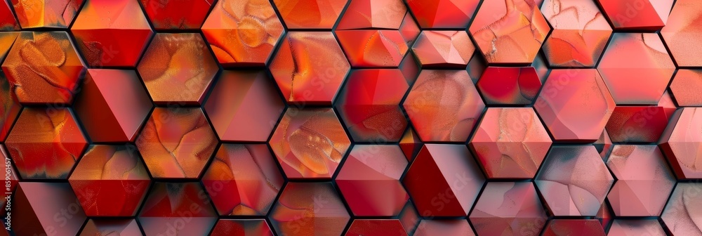 Poster a bold mosaic in shades of red and orange made of interlocking triangles and hexagons.