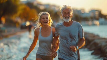 positive cheerful caucasian mature couple jogging along the city embankment.doing sports in adulthood outdoors