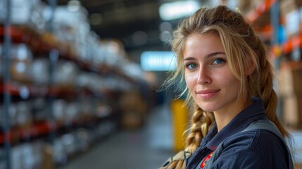 portrait of a Caucasian young woman employee of a logistics warehouse in uniform against the background of shelves with goods and parcels, copyspace