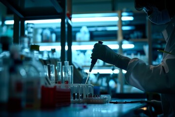 A scientist wearing gloves holds a test tube with DNA samples in a laboratory, with DNA sequences displayed in the background, emphasizing genetic research. - Powered by Adobe