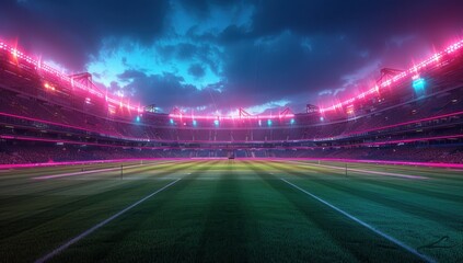 Empty soccer stadium at night with mesmerizing white and blue illumination on the professional field