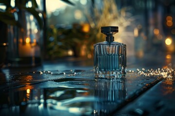 Elegant Perfume Bottle on a Wet Surface