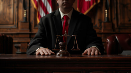 lawyer sitting in front of a table, on the table there is a gavel and scales of justice, a neat black suit with a red tie, Ai generated Images
