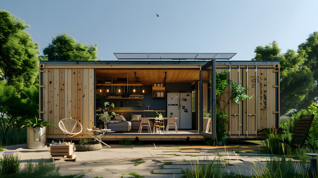Maison &Eacute;cologique en Conteneurs sur une Journ&eacute;e Ensoleill&eacute;e