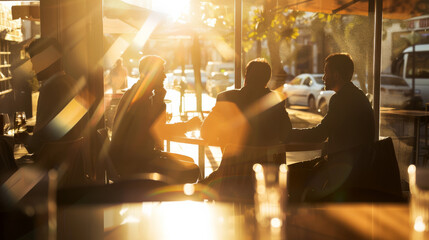 A group of friends enjoying conversation at a cafe during sunset, with sun rays creating a warm ambiance.
