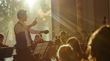 A conductor leads a symphony orchestra in a grand hall, bathed in golden sunlight streaming through tall windows, capturing a moment of musical passion.