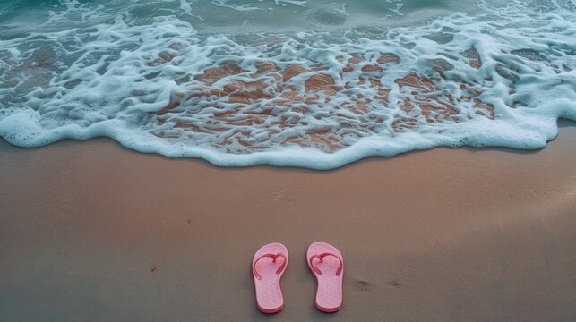 Pink flip flops on beach near ocean waves deserted Summer getaway idea