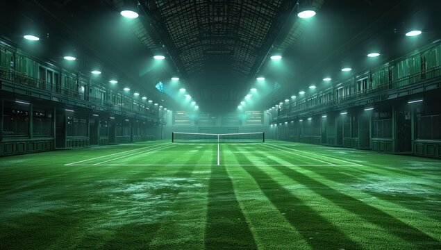 A low angle view of tanis an indoor tennis court bathed in striking blue tones with no players present