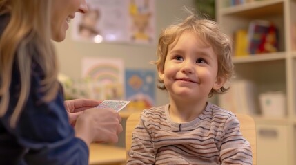 Obraz premium joyful little boy 5-7 years old in the office of a speech therapist or psychologist in an individual lesson. psychological assistance to preschool children