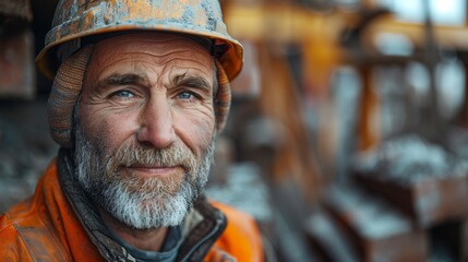 Fototapeta premium portrait of smiling Caucasian builder 40-50 years old with beard in helmet and uniform looking at camera while on construction site, portrait of builder