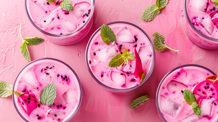glasses of vibrant pink dragon fruit smoothie (pitaya smoothie), garnished with fresh mint leaves and raspberries. a halved dragon fruit in the background. 