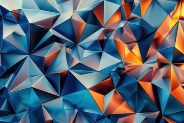 Abstract Background, a futuristic 3D tessellation of triangular prisms in complementary hues of blue and orange, with sharp edges and intricate detailing enhancing the contrast,