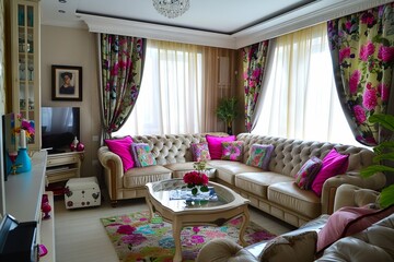 A living room with pink and white floral curtains.
