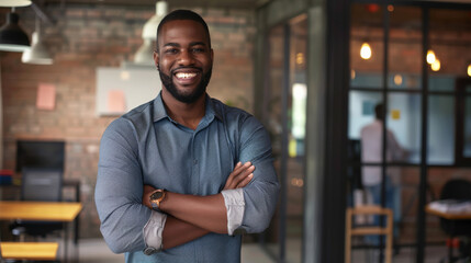 Fototapeta premium A smiling professional with arms crossed stands confidently in an industrial-style office, conveying an aura of success and approachability.