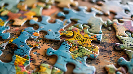 Colorful jigsaw puzzles come together to create a map. Each piece reveals a unique region. and connected to each other The complete map emphasizes the diversity and unity of the various areas.
