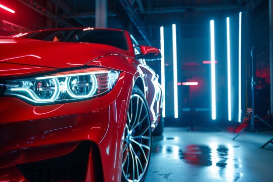 Red Sport Car in a Neon-Lit Studio