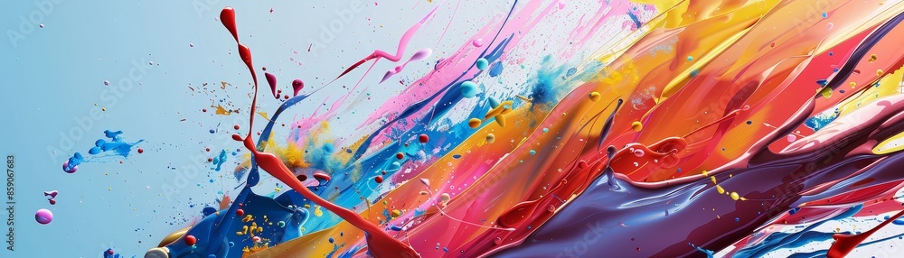 Poster Abstract Colorful Paint Splashes and Swirls - A vibrant abstract composition featuring a dynamic interplay of colorful paint splashes and swirls against a light blue background.