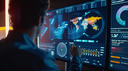 In a darkened room, numerous screens display vibrant data visualizations and world maps, driven by a focused individual analyzing global trends.