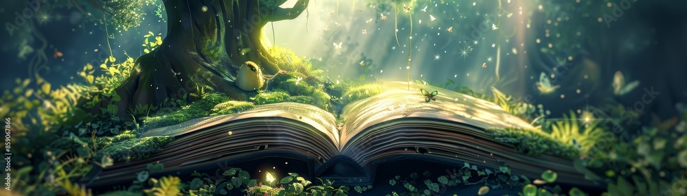 Poster enchanted book in a magical forest - a magical open book lies in a lush forest setting with glowing 
