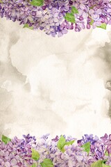 Lilacs on yellowed old vintage paper. Watercolor illustration. Sheet blank for text and vignette in grunge style. Vertical background with spring flowers fades, stains and sepia stripes. © Tata Pilip