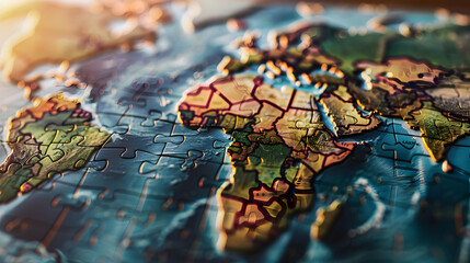 Colorful jigsaw puzzles come together to create a map. Each piece reveals a unique region. and connected to each other The complete map emphasizes the diversity and unity of the various areas.