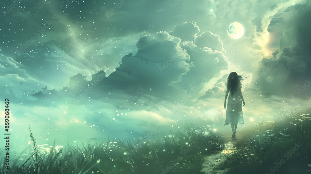 Poster a woman is walking on a path in a field. the sky is cloudy and the moon is visible in the background