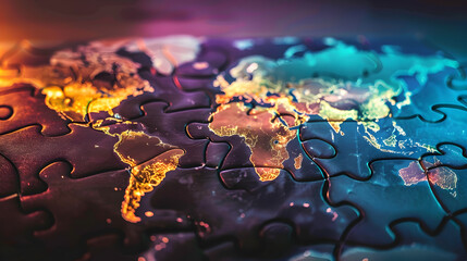 Colorful jigsaw puzzles come together to create a map. Each piece reveals a unique region. and connected to each other The complete map emphasizes the diversity and unity of the various areas.