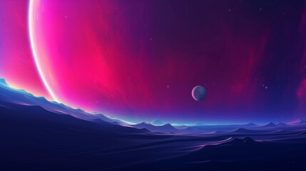 Cosmic fantastic abstract alien planet landscape poster background. Space cyberpunk and vaporwave style. Purple, red, blue bright colors. AI artwork.	