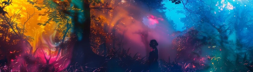 Fototapeta premium Silhouette in a Mystical Forest - A shadowy figure stands in a vibrant and otherworldly forest, illuminated by a colorful light display.
