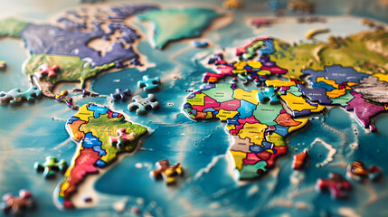 Colorful jigsaw puzzles come together to create a map. Each piece reveals a unique region. and connected to each other The complete map emphasizes the diversity and unity of the various areas.