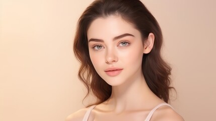 Naklejka premium Beautiful young woman with wavy brown hair, green eyes, and natural makeup posing against a soft beige background. Her serene expression and flawless skin create a tranquil and elegant image