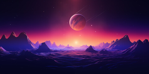 Cosmic fantastic abstract alien planet landscape poster background. Space cyberpunk and vaporwave style. Purple, red, blue bright colors. AI artwork.	